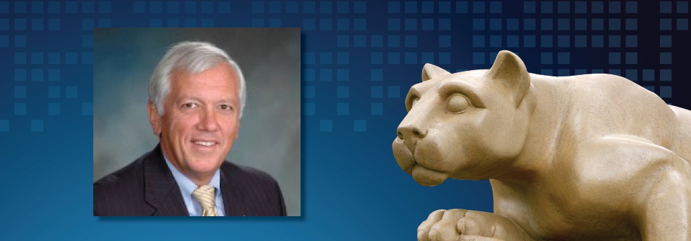 William “Bill” Reed is seen in a professional portrait wearing a suit and tie. He has short hair and is smiling. His photo next to a Nittany Lion statue and a checkered background.
