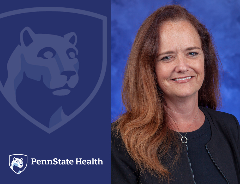 On the left, a Penn State Health logo. On the right, a woman smiles for a photo.