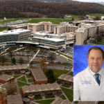 A photo of a man in a doctors coat superimposed over a photo of a health system campus