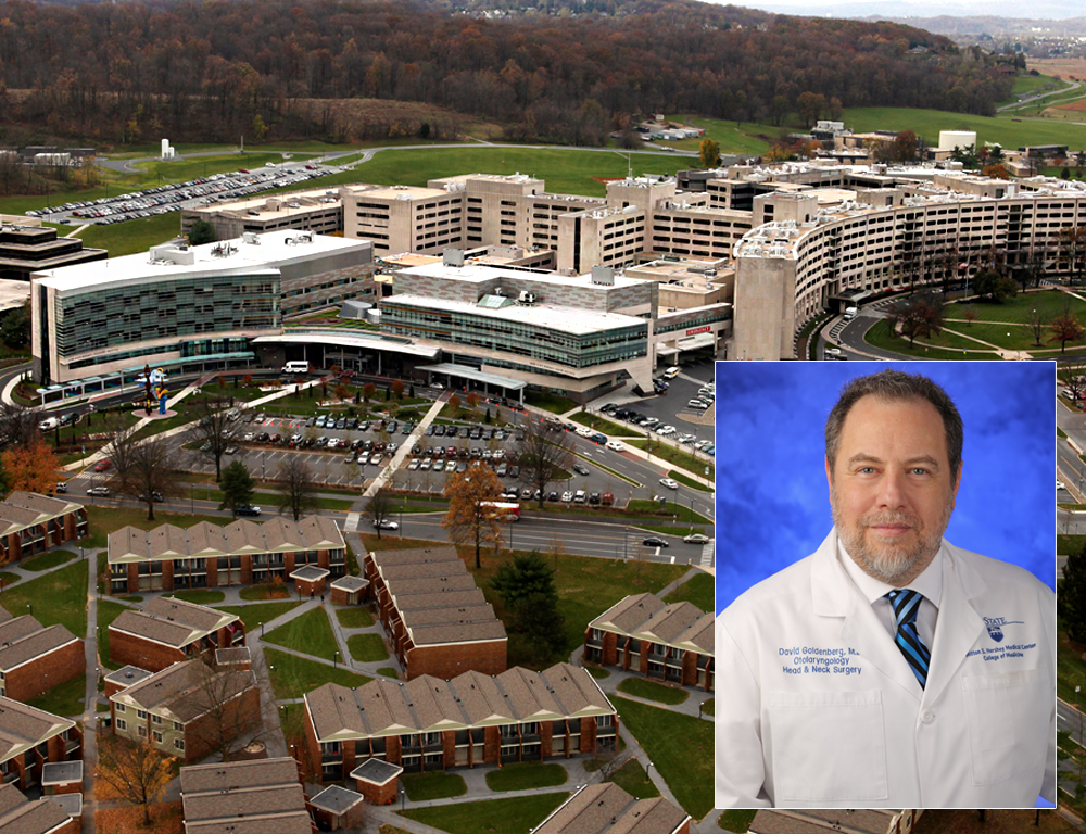 A photo of a man in a doctors coat superimposed over a photo of a health system campus