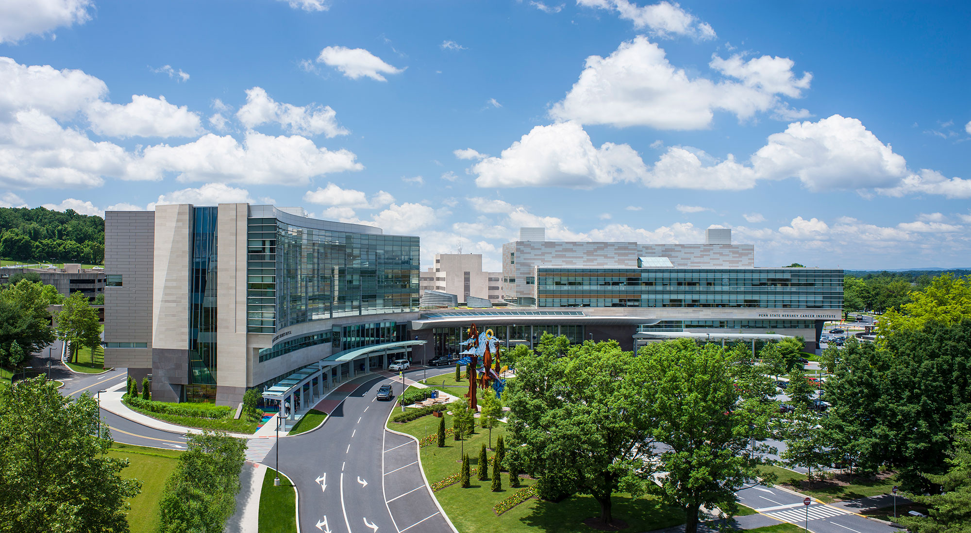 An aerial view of the campus of Penn State Health Milton S. Hershey Medical Center