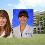 Professional head-and-shoulders photos of two female students are seen superimposed on a picture of Penn State College of Medicine's Crescent building in Hershey, PA.