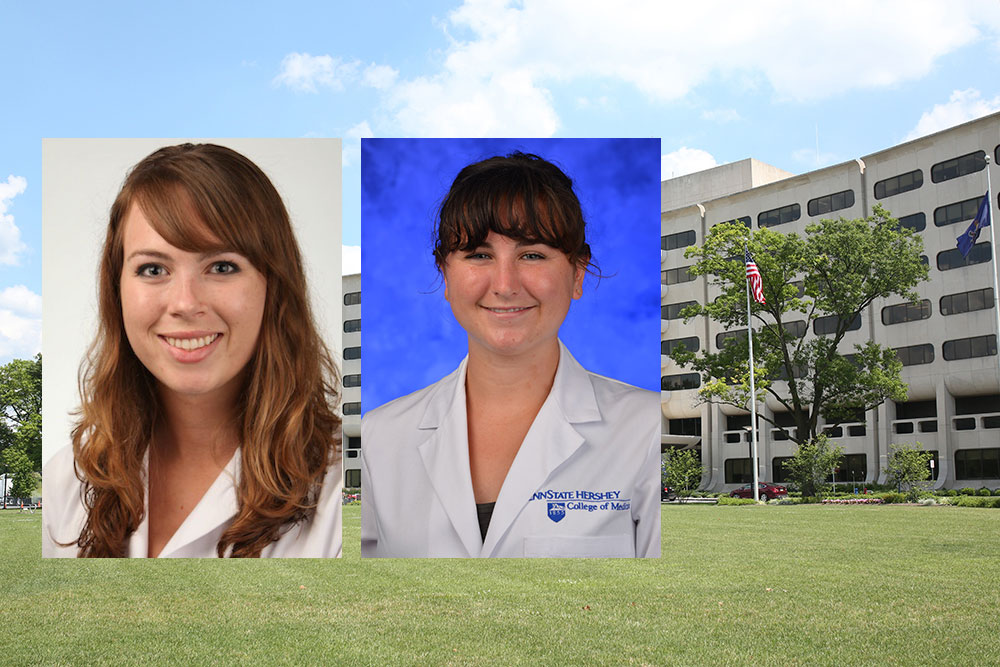 Professional head-and-shoulders photos of two female students are seen superimposed on a picture of Penn State College of Medicine's Crescent building in Hershey, PA.