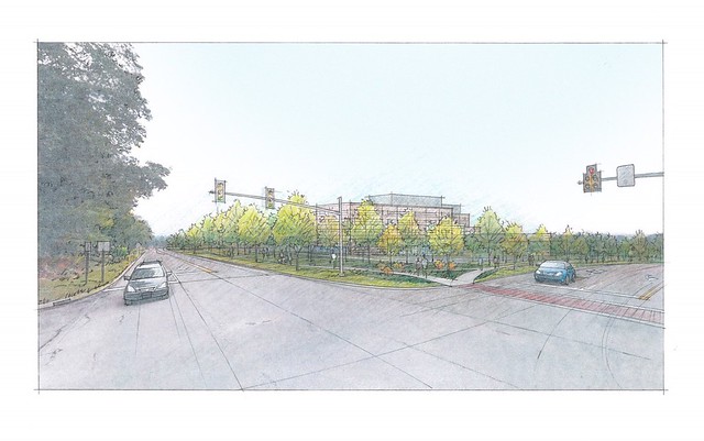 An artist's rendering of a hospital viewed from an intersection