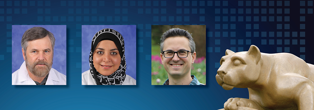 Photos of Sergei Grigoryev, Fadia Kamal and Spencer Szczesny are featured next to an image of a Penn State Nittany Lion statue.