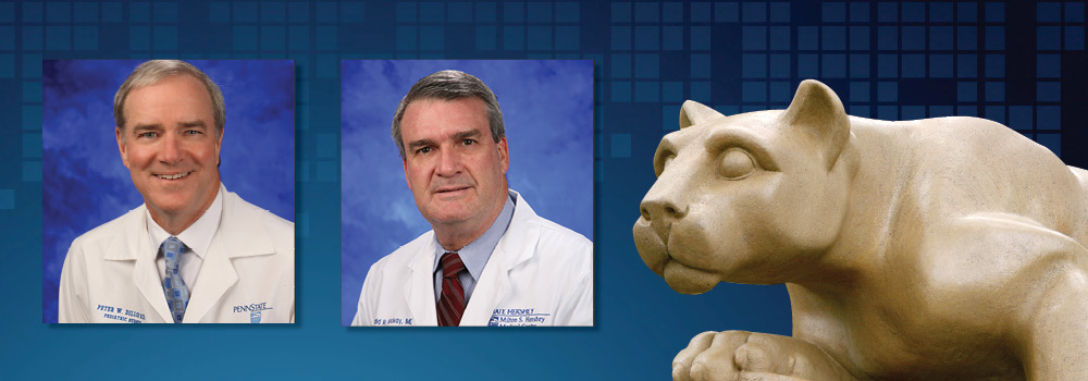 Dr. Peter Dillon and Dr. Donald Mackay are featured wearing lab coats on a background with the Penn State Nittany Lion statute.