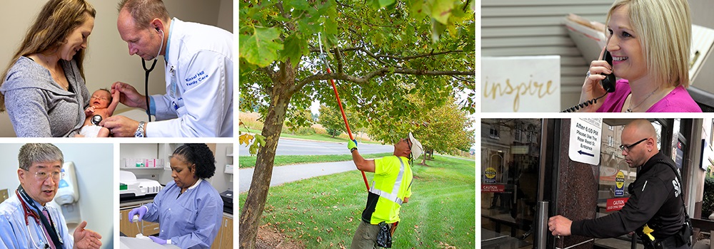 A collage of photos show various employees of Penn State Health. Clockwise from top-left is a male physician examining a newborn; a male Facilities team member trimming a tree, a female Human Resources employee on the phone, a male security guard, a female senior technical specialist in the Automated Testing Lab and a male Cancer Institute physician.