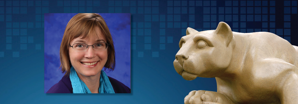 Heather Stuckey, wearing a lab coat, is shown on a background that includes the Penn State Nittany Lion statue.