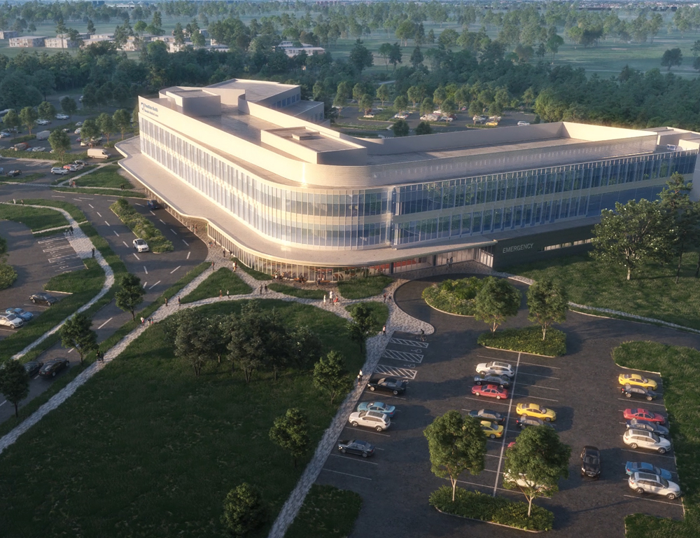 An aerial view of an artist's rendering of a future three-story hospital.