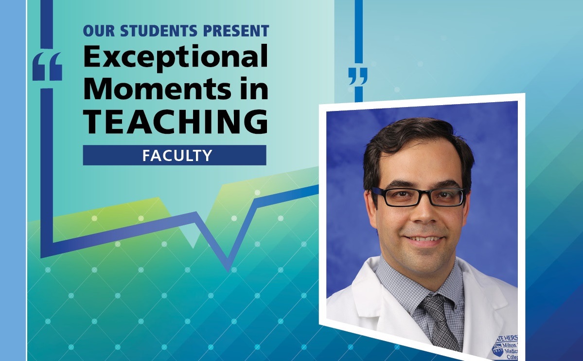Dr. Alfredo Bellon smiles in a professional headshot. He is wearing glasses, a shirt, tie and lab coat. His photo is over a background with the text: “Our students present: Exceptional Moments in Teaching ― Faculty.”