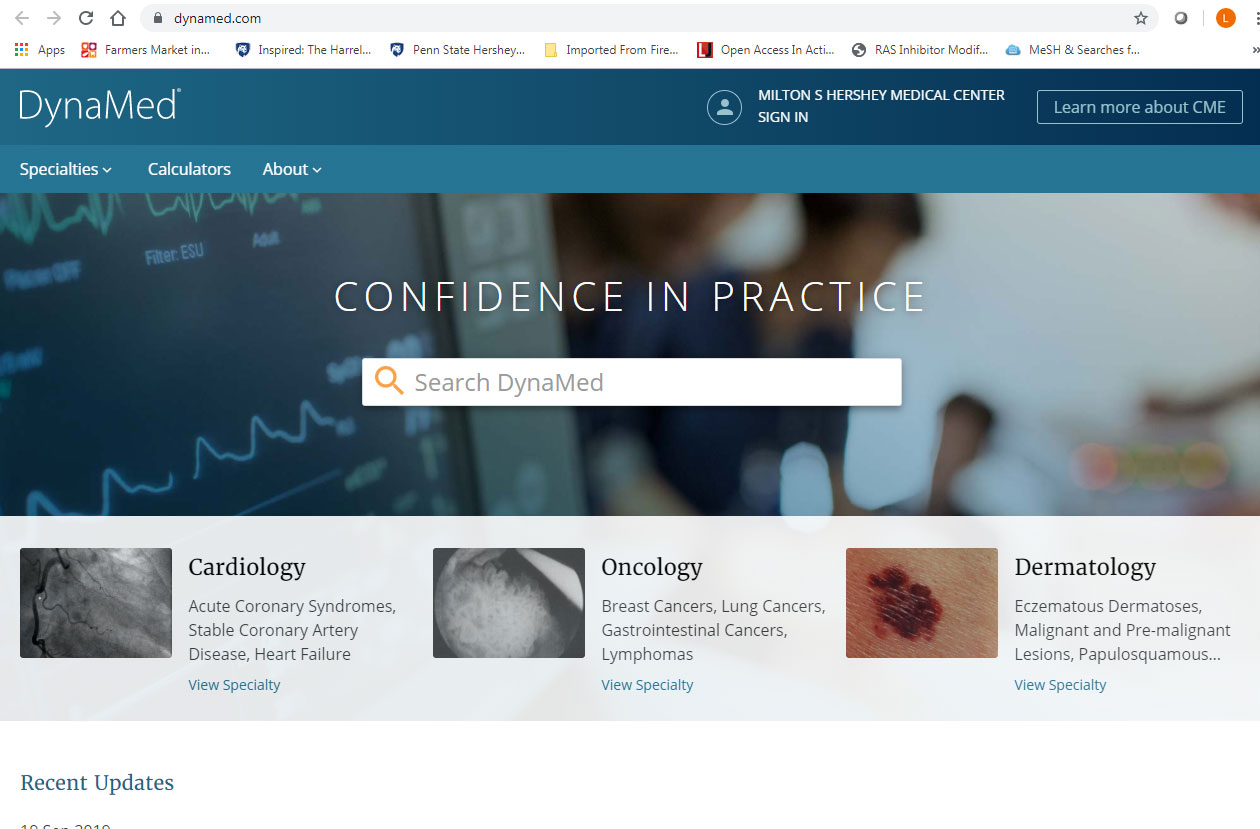A screenshot of the DynaMed website shows a search box and highlights of particular areas of interest in clinical decision-making, such as cardiology and dermatology.