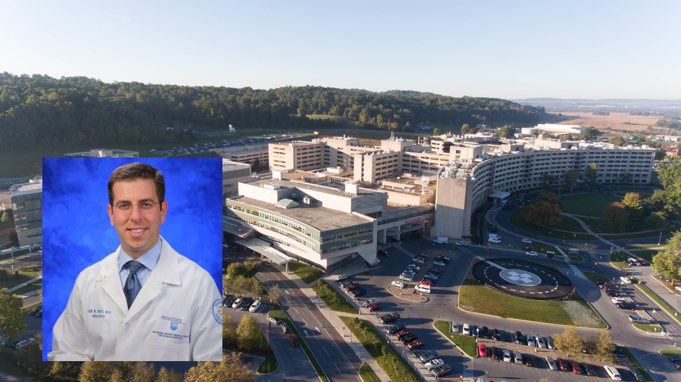 A professional headshot photo of Dr. Ian Paul, superimposed over an aerial photo of the Hershey Medical Center campus.
