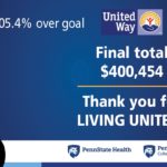 A thermometer is filled to the top, indicating that the United Way campaign exceeded its goal by 105.4%. The United Way logo is on the right side of the graphic. Below it is the text: final total $400,454. Thank you for LIVING UNITED! The Penn State Health and Penn State College of Medicine logos are at the bottom.