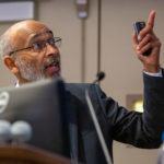 Dr. Emery Brown gestures during a lecture he is giving at Penn State College of Medicine in Fall 2019.