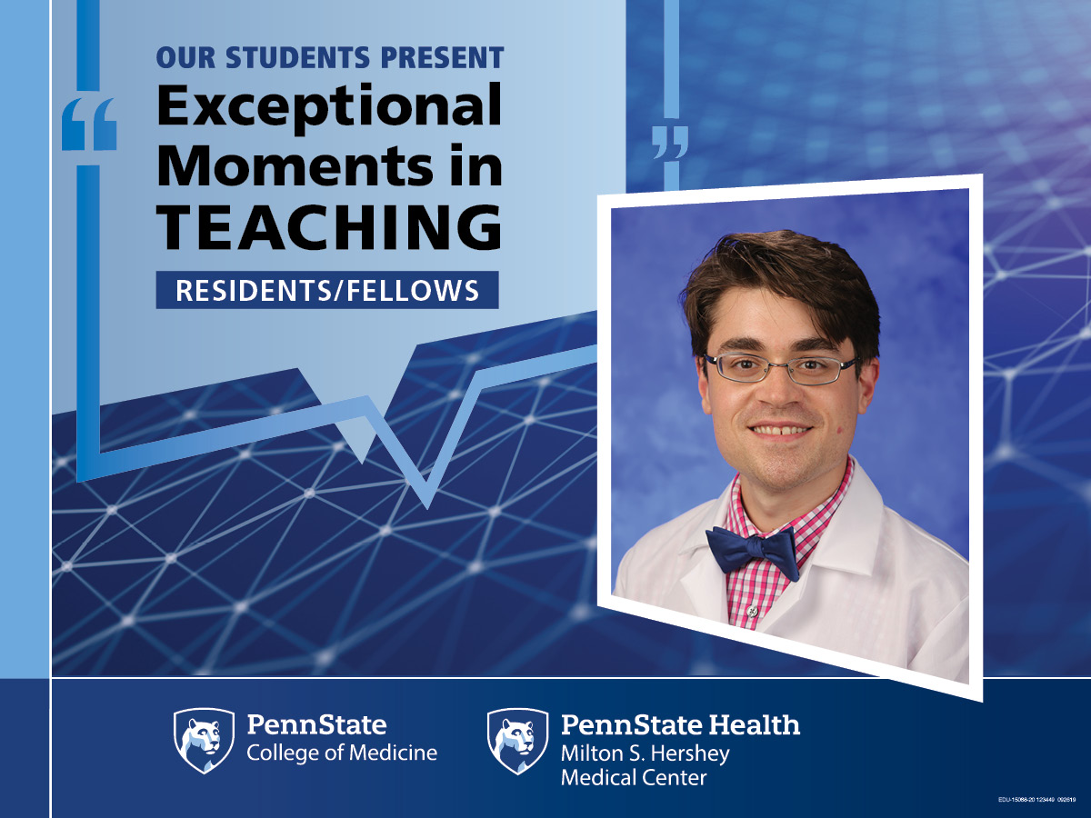 A portrait of Dr. Malone is superimposed on an abstract background with the words Our students present Exceptional Moments in Teaching - Residents/Fellows.