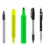 An image shows pens, markers, highlighters and pencils lined up neatly against a plain background.