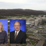 Professional headshots of Patricia "Sue" Grigson and Scott Bunce superimposed over an aerial photo of the Milton S. Hershey Medical Center campus.