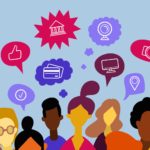 The image is an illustration that shows a number of faceless people with bubbles above their heads. The bubbles contain icons such as thumbs up signs and magnifying glasses.