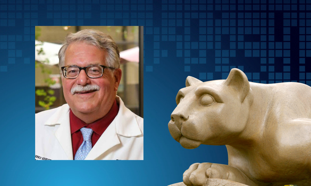 An image of Dr. Dennis Gingrich appears next to an image of a statue of the Penn State Nittany Lion.