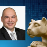 A professional headshot of Dr. Safa Farzin, positioned next to an image of a Penn State Nittany Lion statue.
