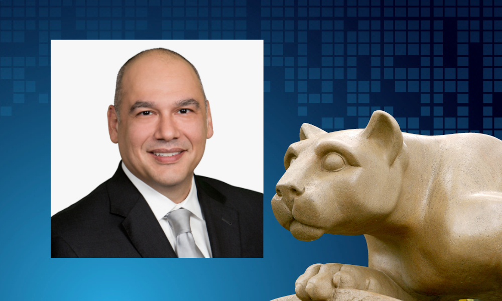 A professional headshot of Dr. Safa Farzin, positioned next to an image of a Penn State Nittany Lion statue.