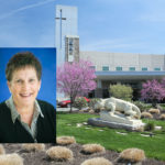 A photo of a woman smiling superimposed over a photo of the entrance of a hospital