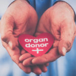 Two overlapping hands facing the camera hold a small, heart-shaped piece of paper that contains the words "organ donor" and a small "plus" sign.