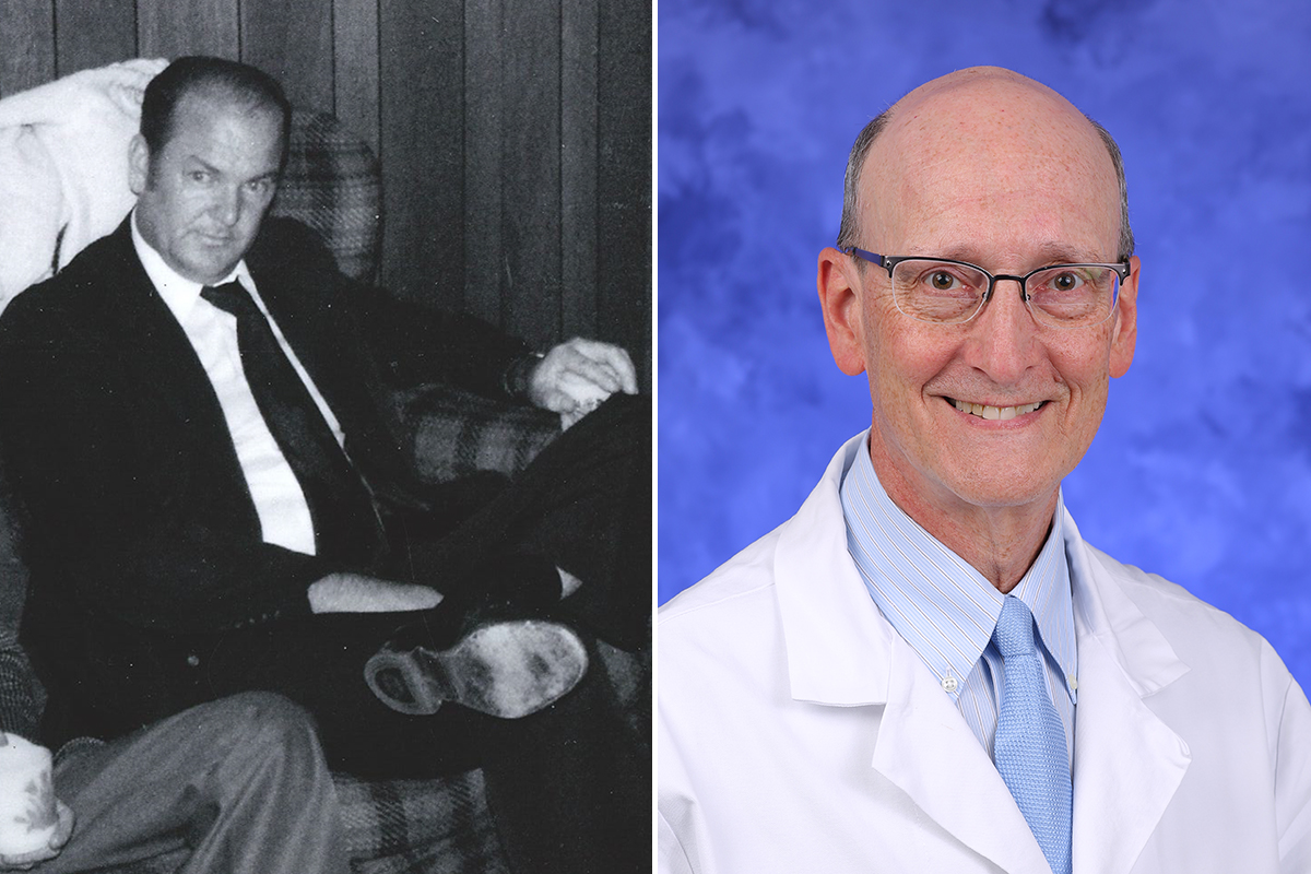 Two photos placed side-by-side. At left is a photo of Cpl. Chester Ray Trout, wearing a suit, seated. At right is a professional headshot of Dr. Robert Cilley, wearing a tie and physician’s coat.