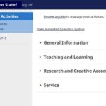A screenshot of the Activity Insight software shows links for General Information, Teaching and Learning, Research and Creative Accomplishments and Service.
