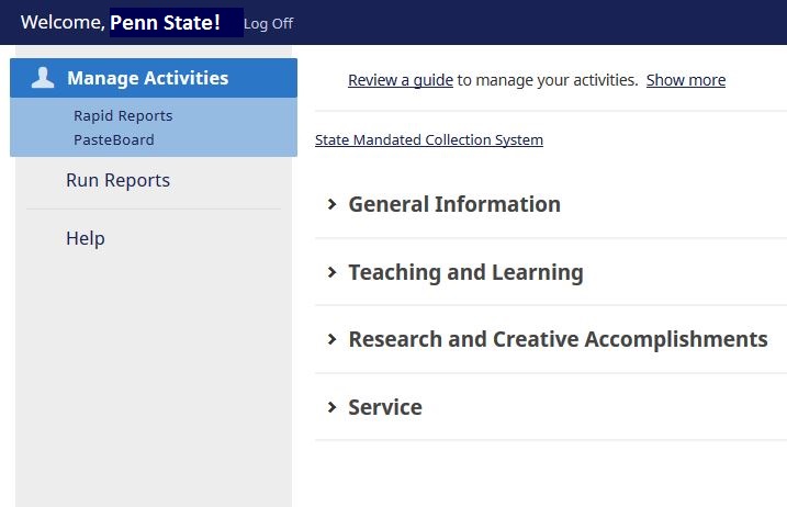 A screenshot of the Activity Insight software shows links for General Information, Teaching and Learning, Research and Creative Accomplishments and Service.