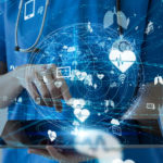 An illustration shows a woman in scrubs with a stethoscope working on an electronic tablet. Information can be seen flowing form the tablet in white lines and swirls.