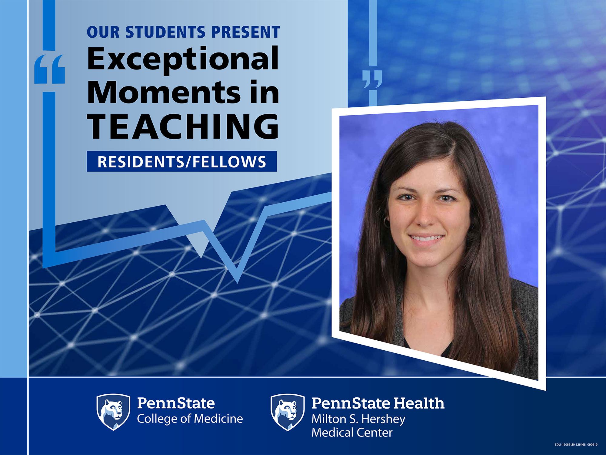 A portrait of Dr. Audrey Kulaylat is superimposed on an abstract background with the words Our students present Exceptional Moments in Teaching - Residents/Fellows.