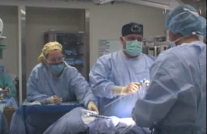 Dr. Gerald Harkins holds an operating tool and looks at an assistant during a procedure featured on Surgery Live! He wears a surgical gown, gloves, cap and mask. A nurse in a gown and mask next to him readies surgical instruments on a tray. 