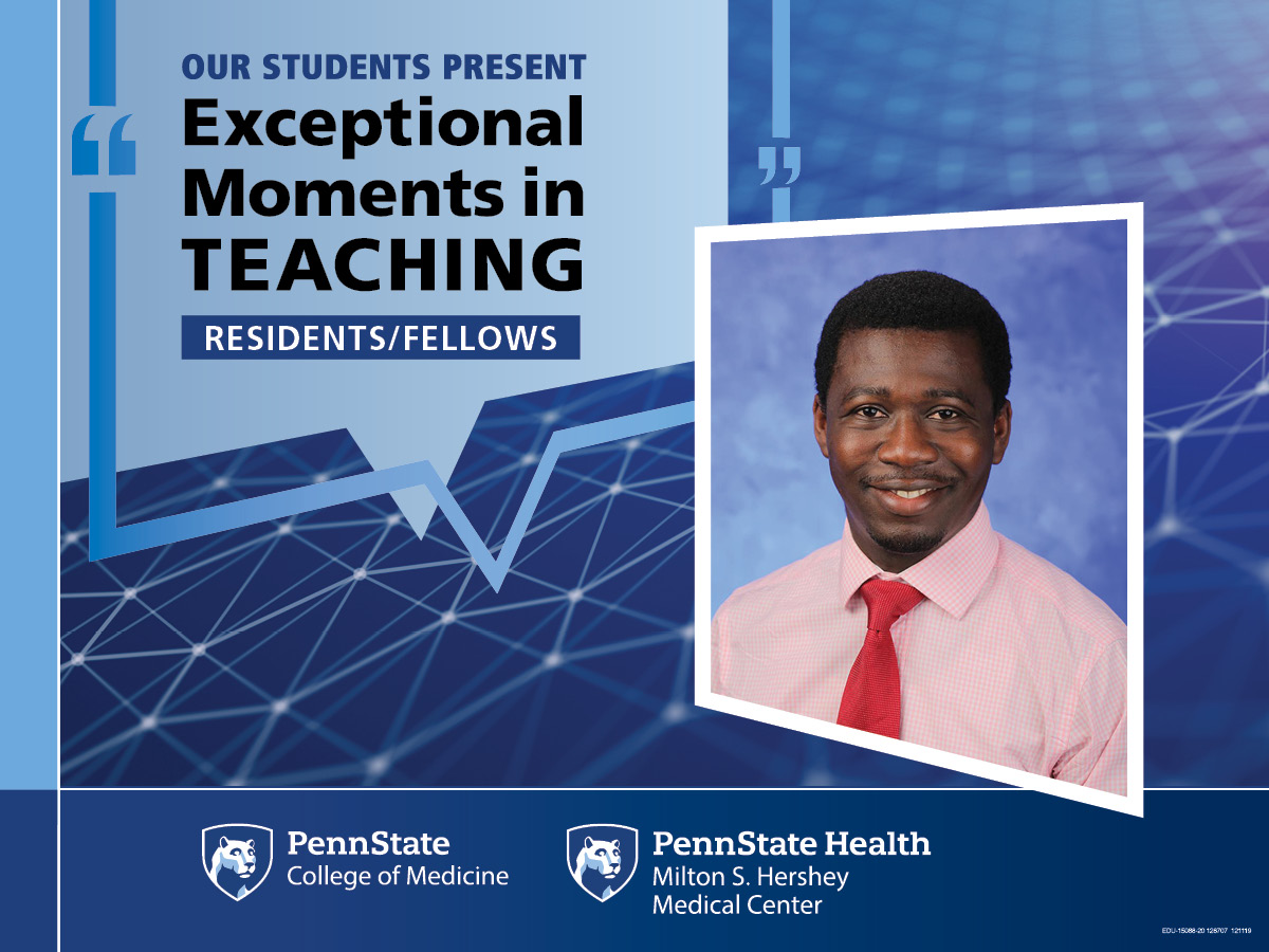A portrait of Dr. Morawo is superimposed on an abstract background with the words Our students present Exceptional Moments in Teaching - Residents/Fellows.