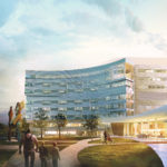 A drawing shows what Penn State Health Children's Hospital will look like when its expansion is complete – a brick and steel building with crescent shape in front.