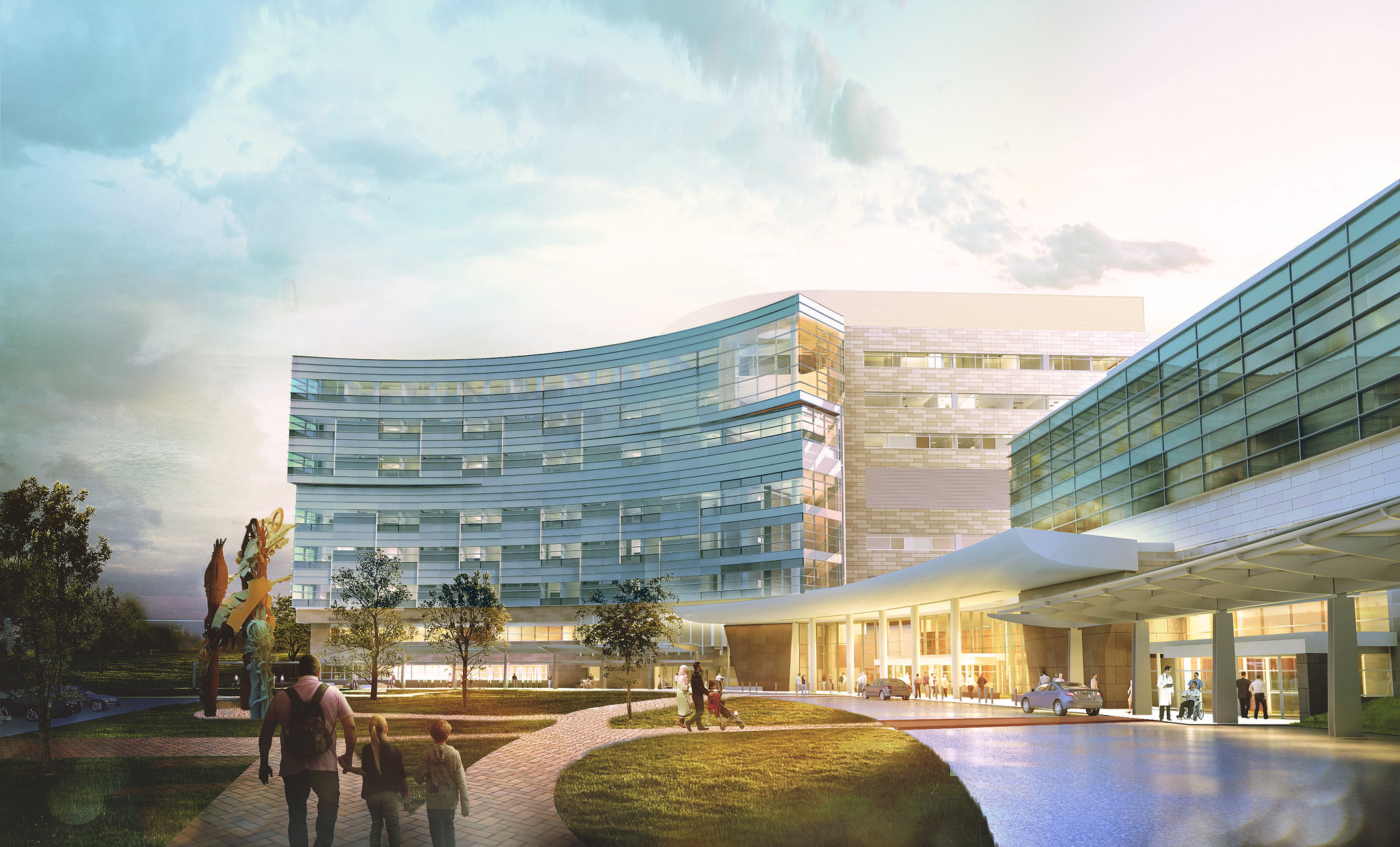 A drawing shows what Penn State Health Children's Hospital will look like when its expansion is complete – a brick and steel building with crescent shape in front.