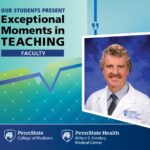 The image shows a portrait of Dr. Leuenberger along with the words, “Our Students Present Exceptional Moments in Teaching Faculty.”