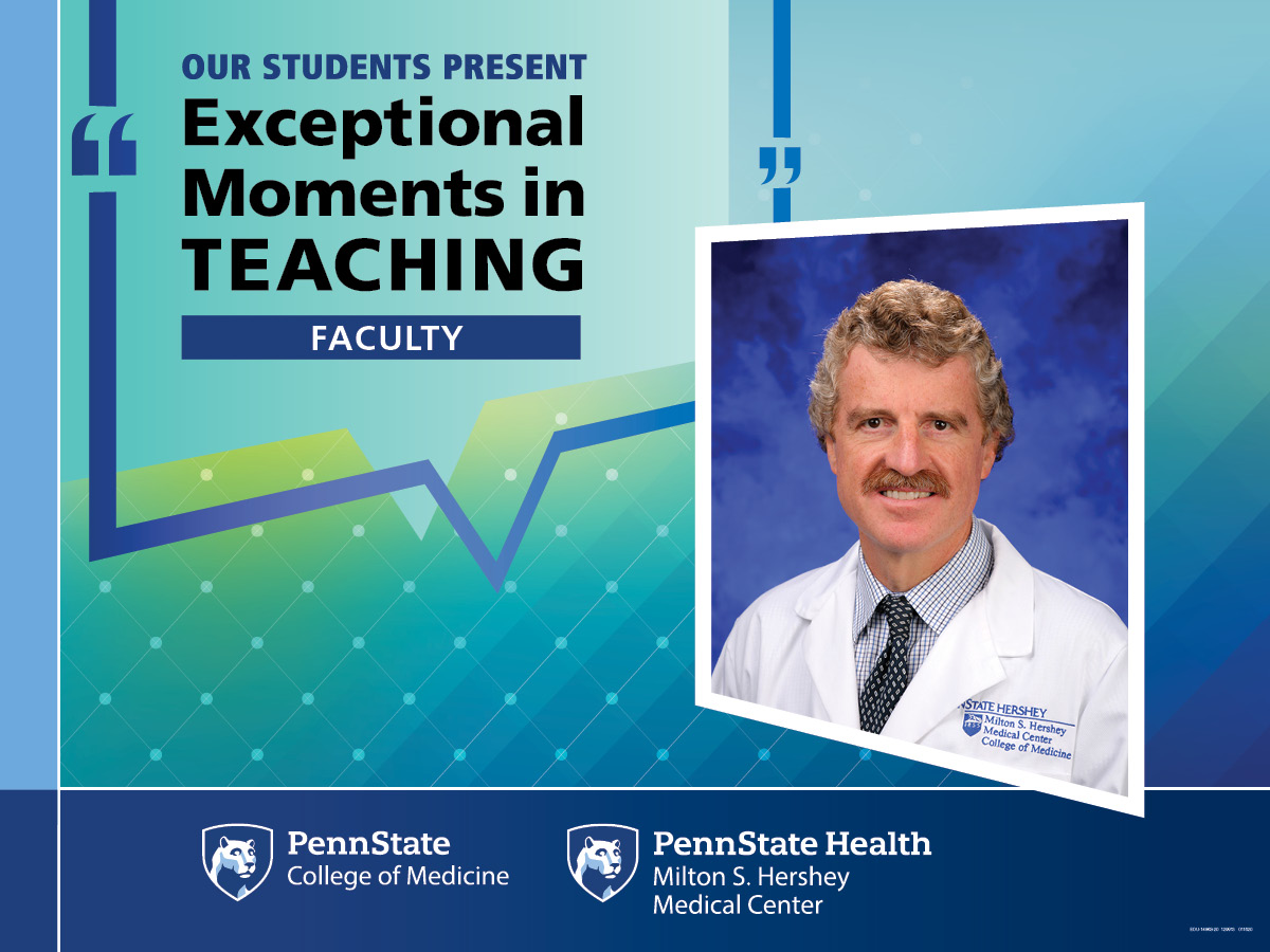 The image shows a portrait of Dr. Leuenberger along with the words, “Our Students Present Exceptional Moments in Teaching Faculty.”