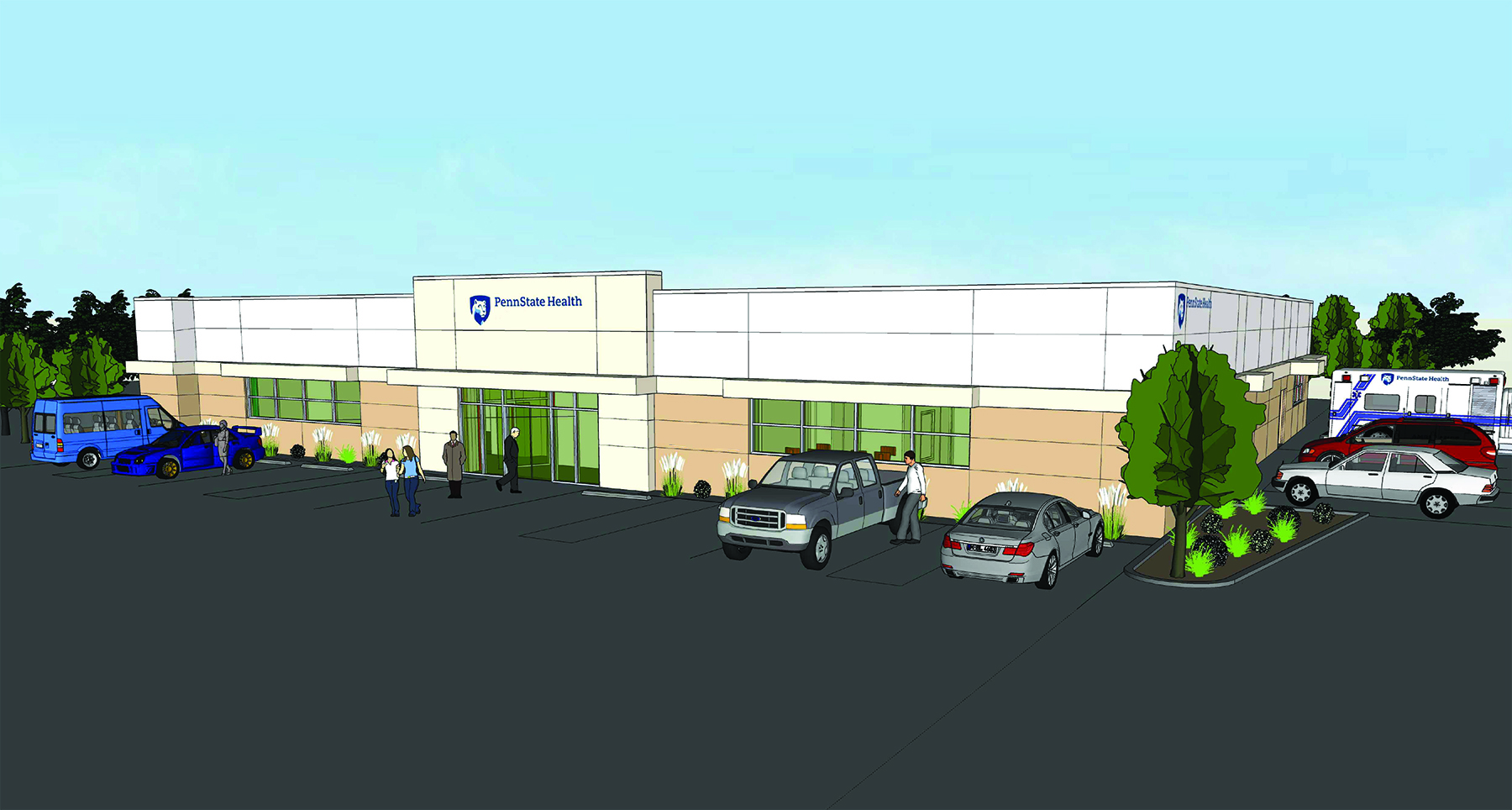 A rendering of the Penn State Health Muhlenberg Outpatient Center shows a one-story building with a sign of the Penn State Health logo over the entrance and cars parked around it. Six people are shown walking in and around the building.