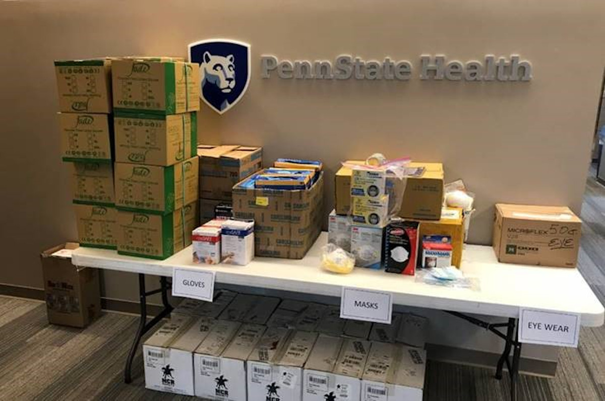 Image shows a table full of donated medical supplies