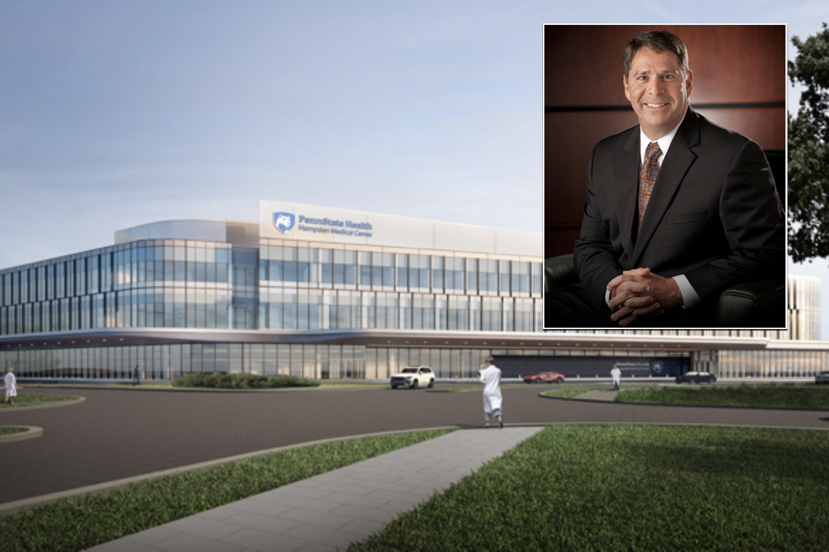 A photo of a man smiling overlays a photo of a rendering of a future hospital