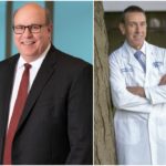 A portrait of Penn State Health CEO Steve Massini wearing a suit is arranged next to a portrait of Dr. Kevin Black, Penn State College of Medicine interim dean, wearing a lab coat and leaning against a tree in front of a statue of the Penn State Nittany Lion.