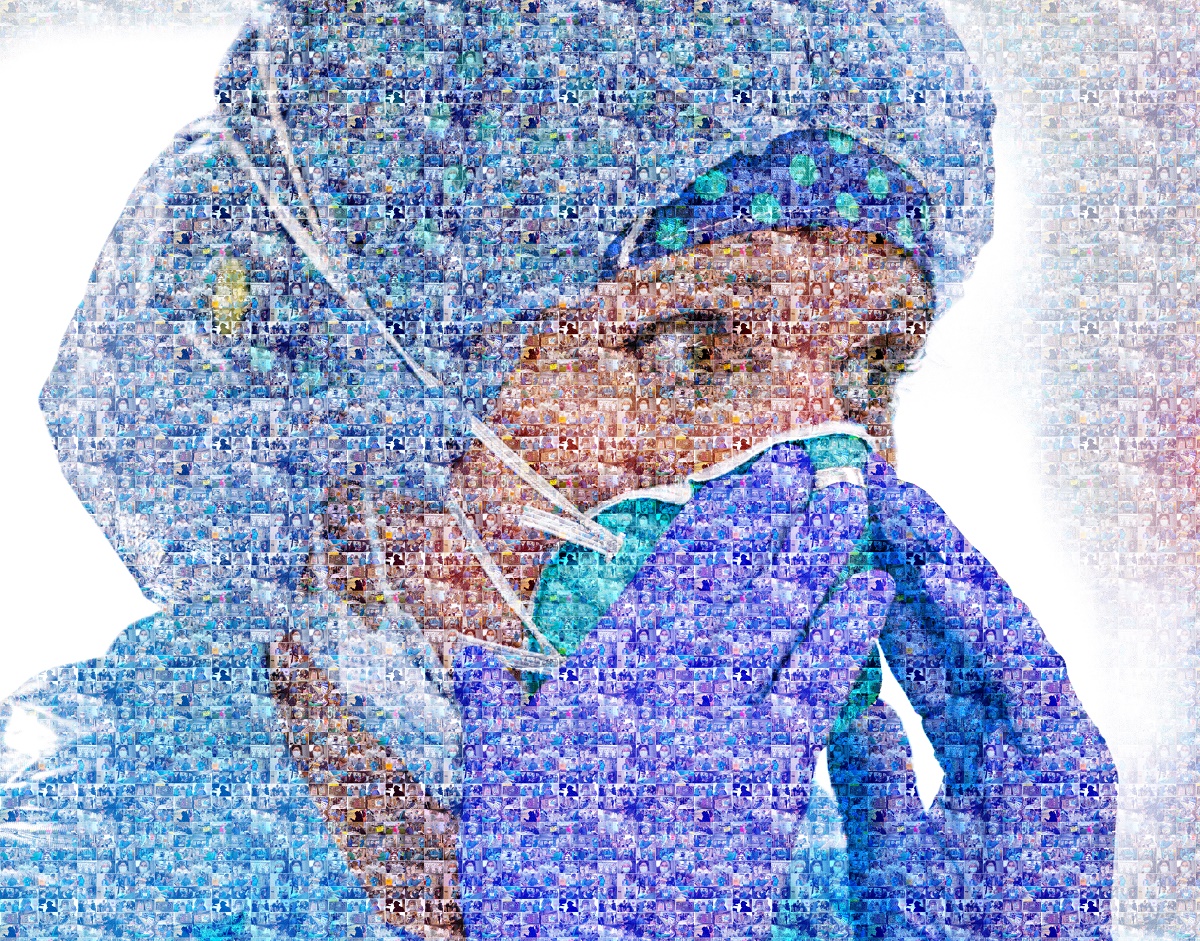 A mosaic image shows a woman nurse with a cap, scrubs and gloves pressing a face mask to her face. The mosaic tiles are images of other nurses.