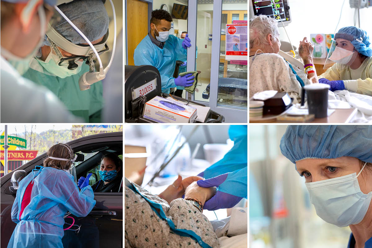 A mosaic of six images depicting various medical settings.