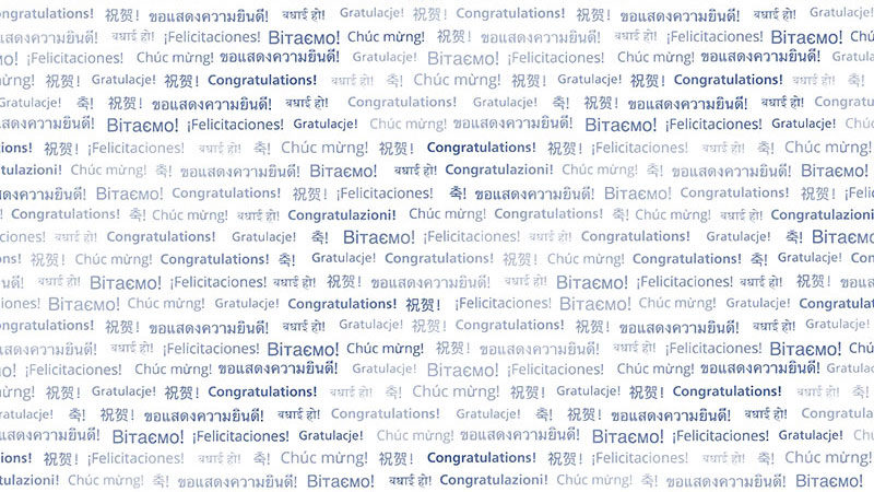 Congratulations is spelled out in several languages.