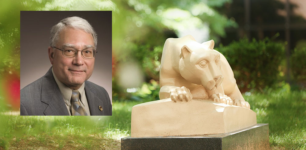 A head-and-shoulders professional photo of Dr. Donald Martin is superimposed on a photo showing Penn State's Nittany Lion statue.