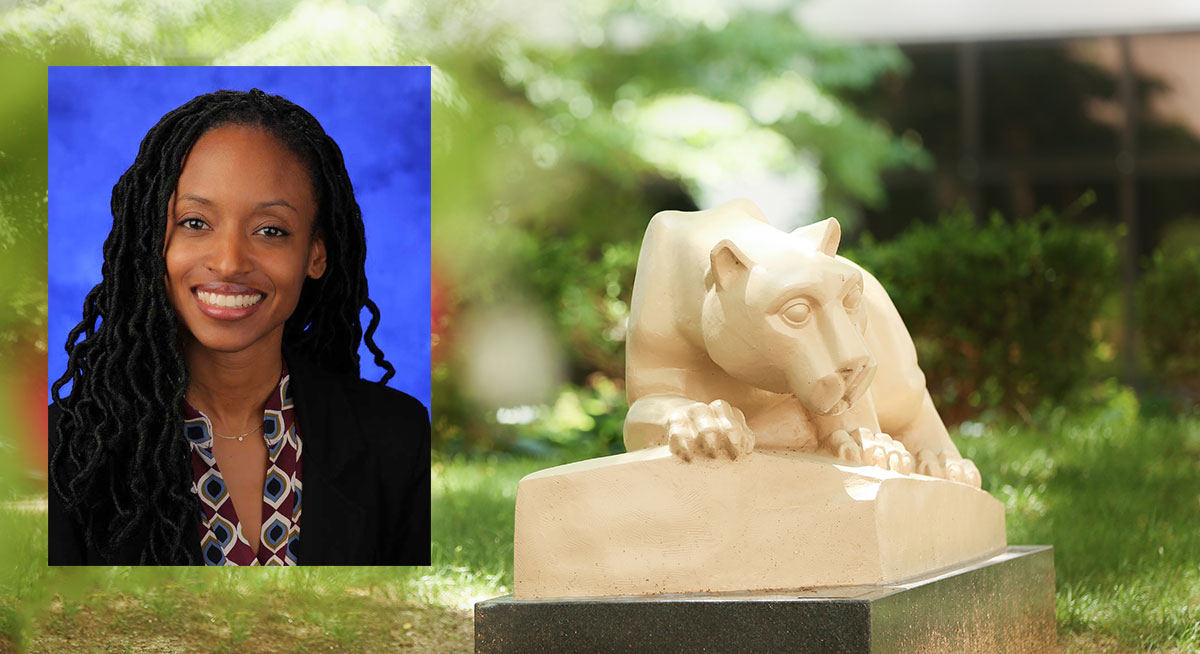 A head-and-shoulders professional photo of Dr. Kelly Holder is superimposed on a photo of Penn State's Nittany lion statue in an outdoor courtyard.