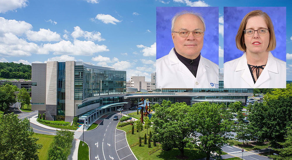 Head-and-shoulders professional photos, one of a man and one of a woman, are superimposed on an aerial photo of Penn State Health Milton S. Hershey Medical Center.