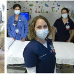 Three images of nurses are combined. The one on the left shows two nurses leaning over a patient in bed. The one in the middle shows three nurses standing next to a hospital bed wearing masks and looking at the camera. The one on the right shows a nurse wearing a face shield and scrubs leaning over a patient in bed and brushing his teeth.