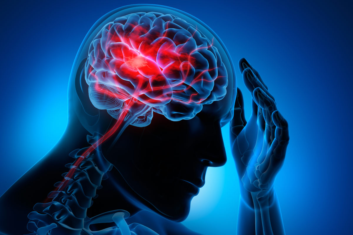 A graphic depicting a person putting their left hand to their head, in which there is a tri-color depiction of a brain.